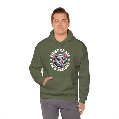 Funny First Of All I'm A Delight Sarcastic Angry Opossum Possum Hoodie For Men Women Hoodie
