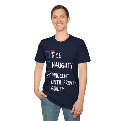 Nice Naughty Innocent Until Proven Guilty Christmas List Funny T-Shirt