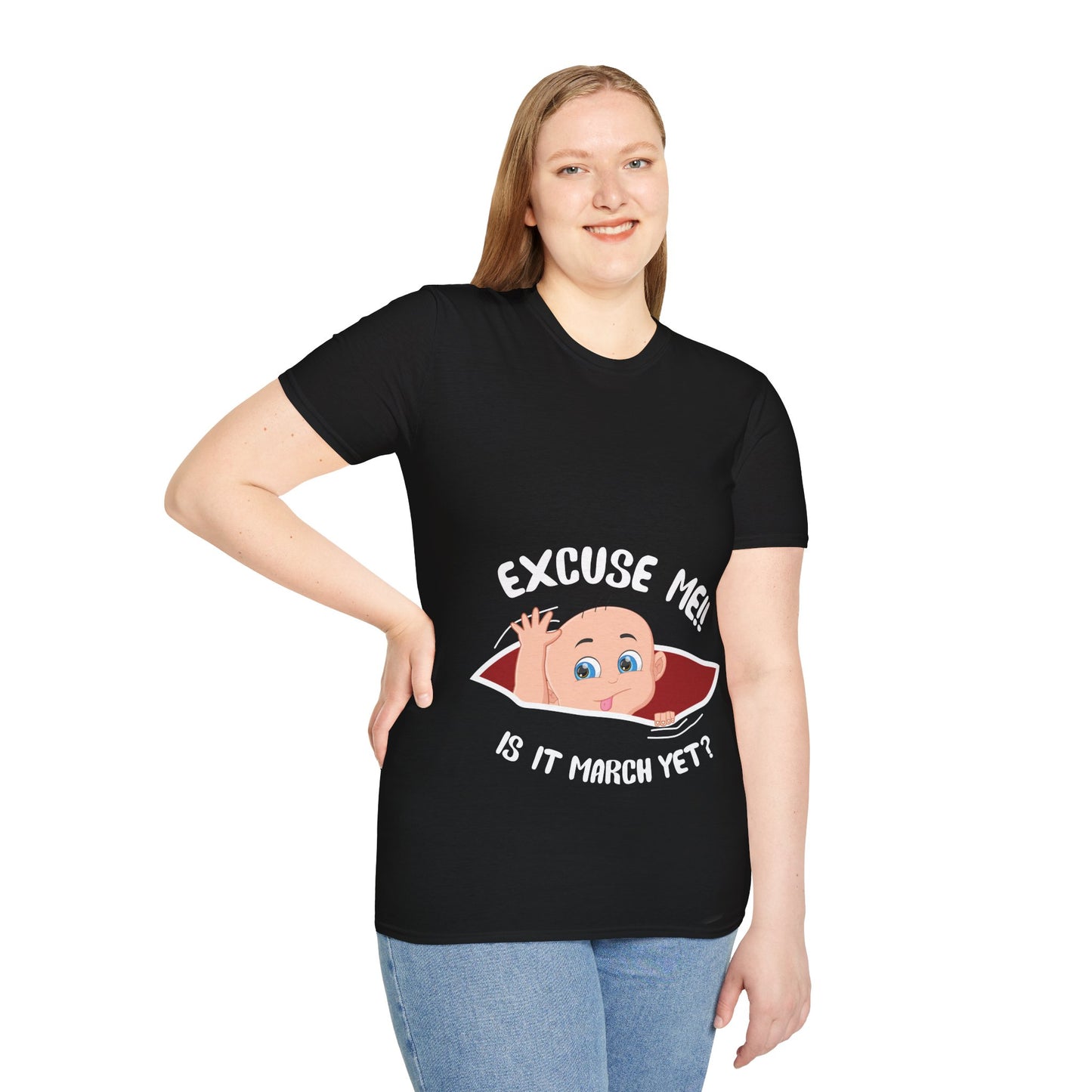 Personalized Month Womens Excuse Me Is It March Yet Cute Baby Girl Funny Pregnancy T-Shirt