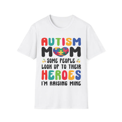 Funny Autism Mom Raising Hero Groovy Messy Bun Autism Awareness T-Shirt For Men Women T-Shirt