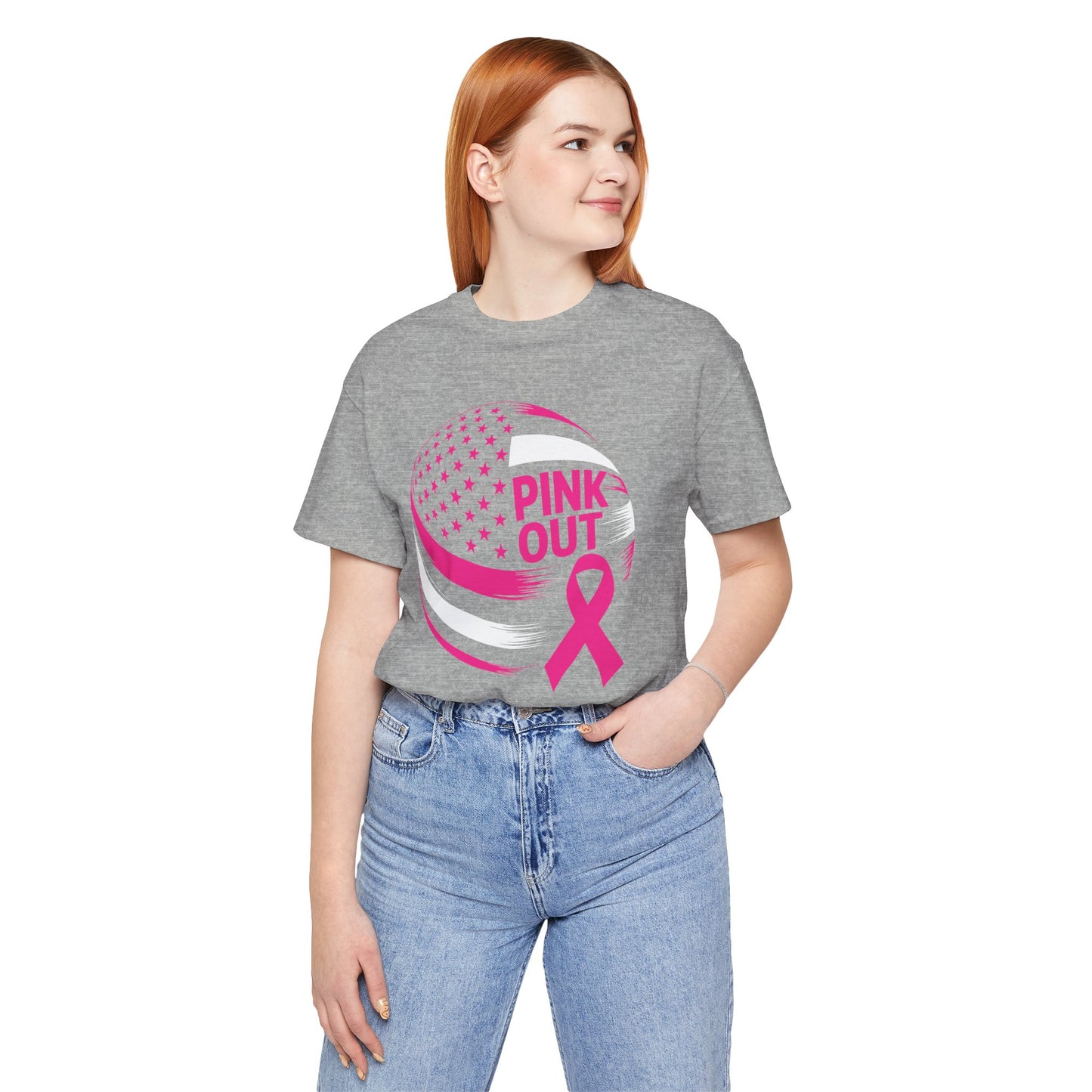 Volley Ball Pink Ribbon Breast Cancer Awearness USA Flag T-Shirt For Men Women