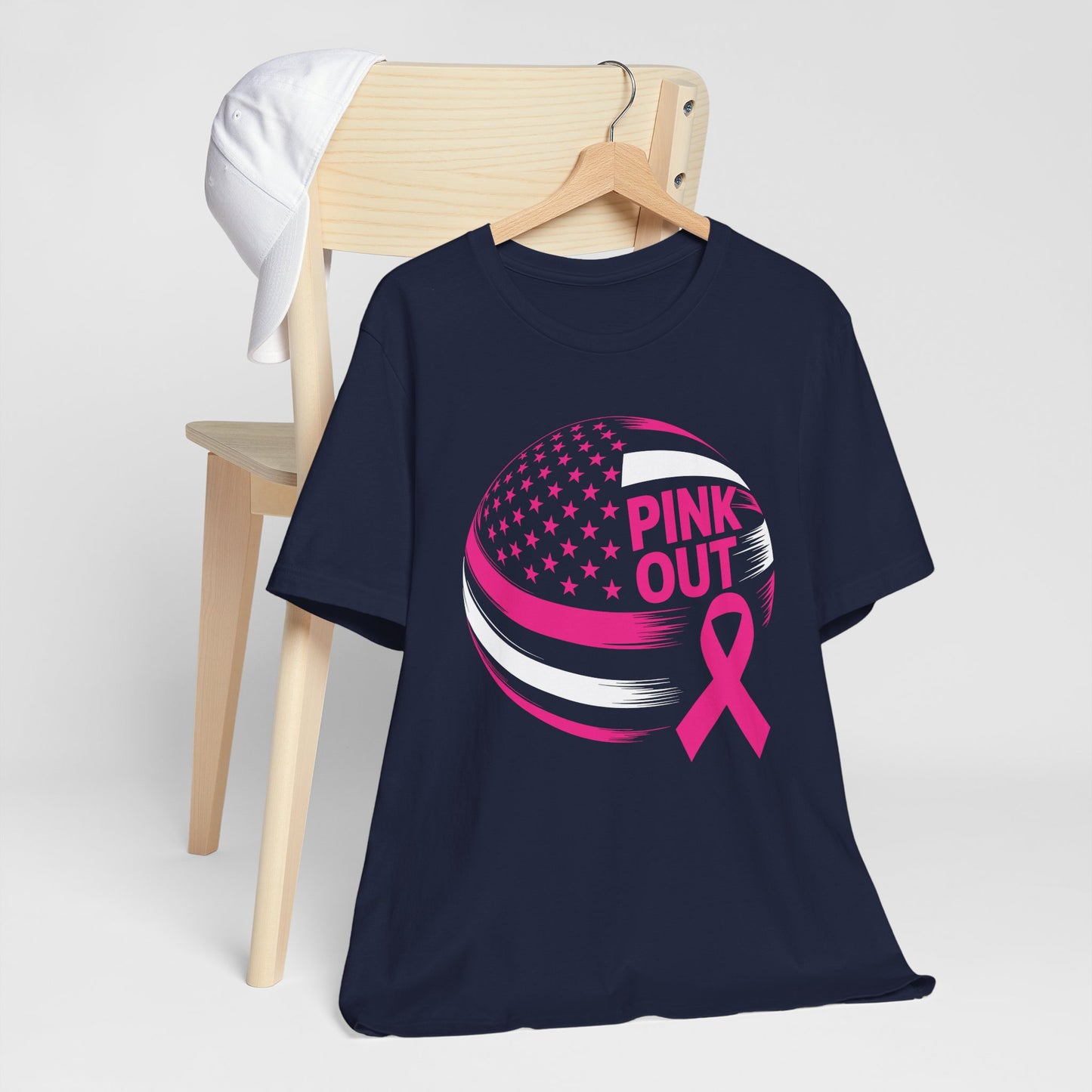Volley Ball Pink Ribbon Breast Cancer Awearness USA Flag T-Shirt For Men Women