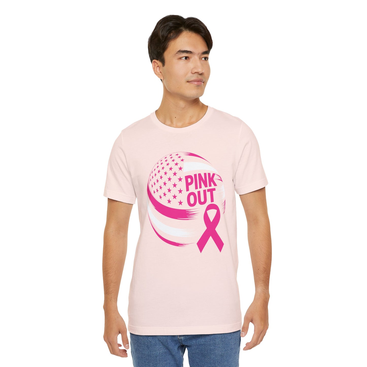 Volley Ball Pink Ribbon Breast Cancer Awearness USA Flag T-Shirt For Men Women