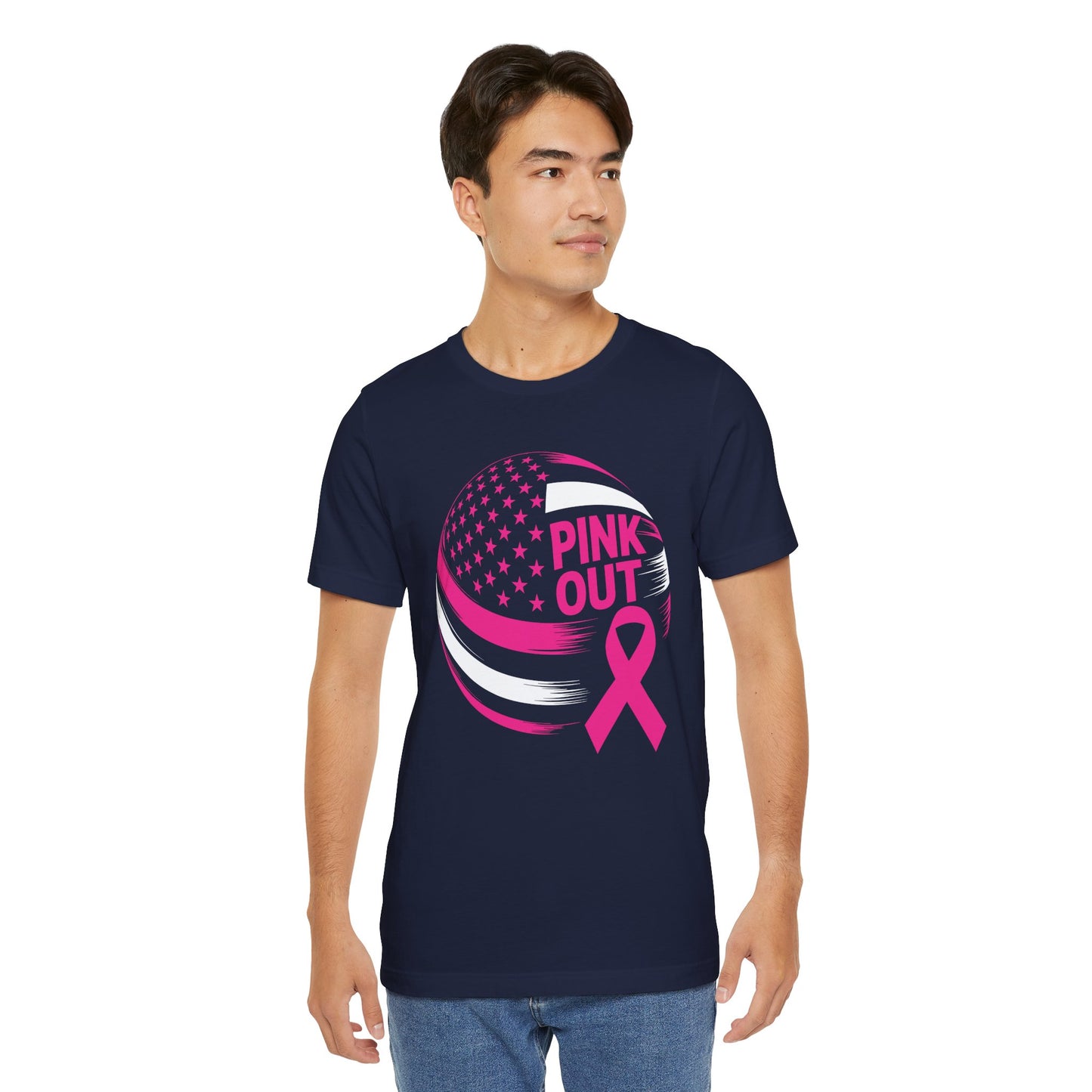 Volley Ball Pink Ribbon Breast Cancer Awearness USA Flag T-Shirt For Men Women