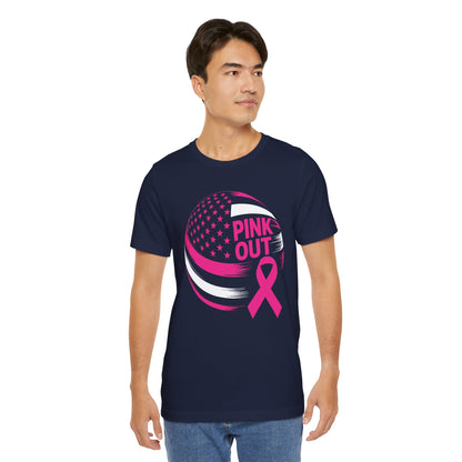 Volley Ball Pink Ribbon Breast Cancer Awearness USA Flag T-Shirt For Men Women