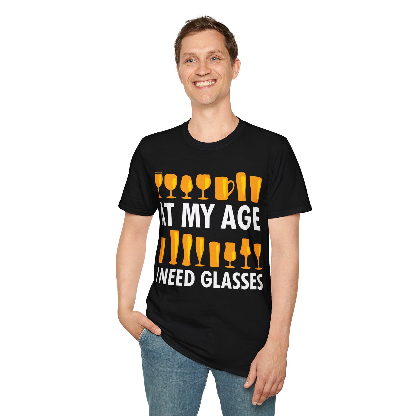 Funny Beer Wine Drinking Shirt At My Age I Need Glasses T-Shirt Men Women