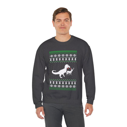 Funny Christmas Dinosaur Killing Reindeer Ugly Full Sleeve Jumper Sweatshirt Sweater