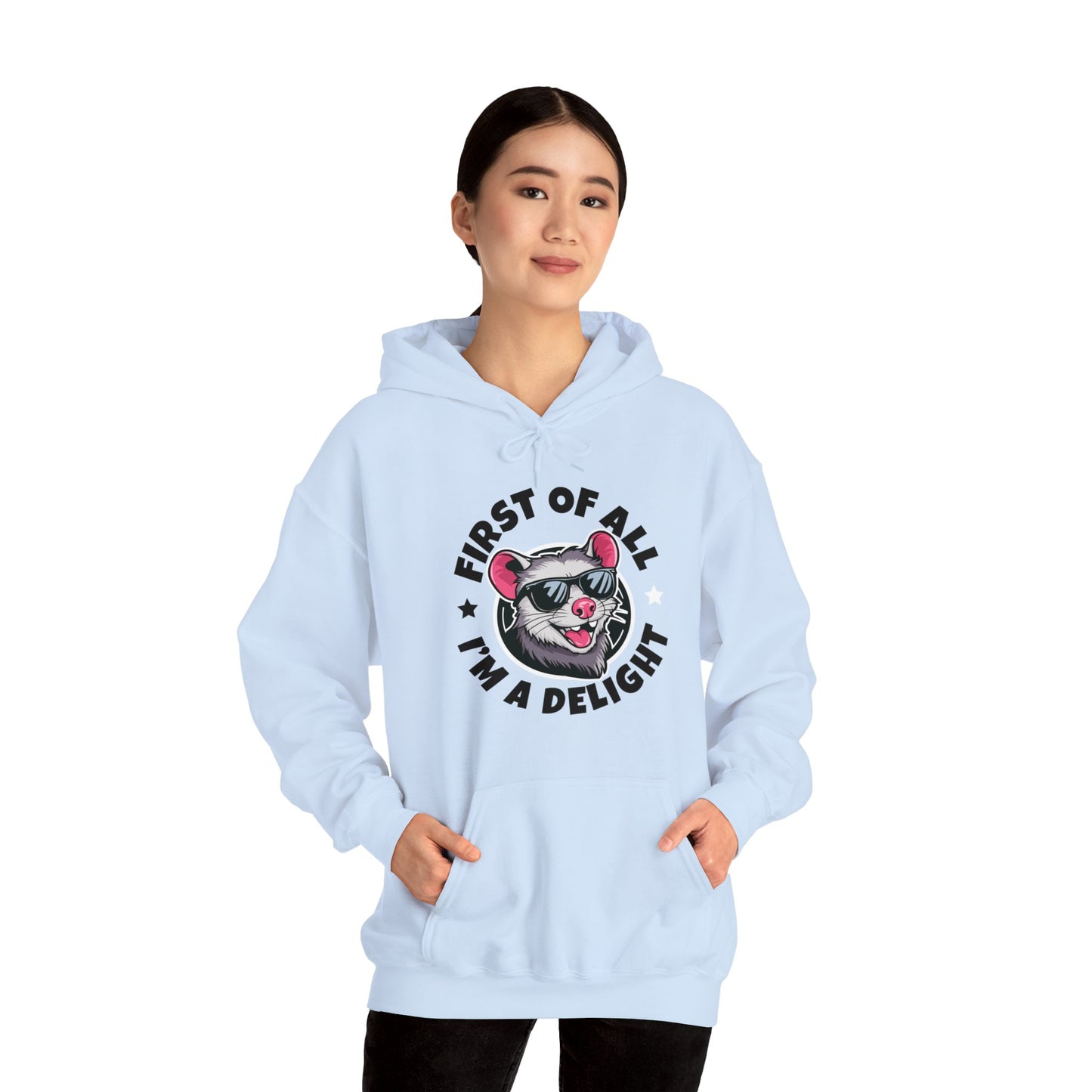 Funny First Of All I'm A Delight Sarcastic Angry Opossum Possum Hoodie For Men Women Hoodie