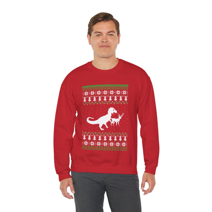 Funny Christmas Dinosaur Killing Reindeer Ugly Full Sleeve Jumper Sweatshirt Sweater