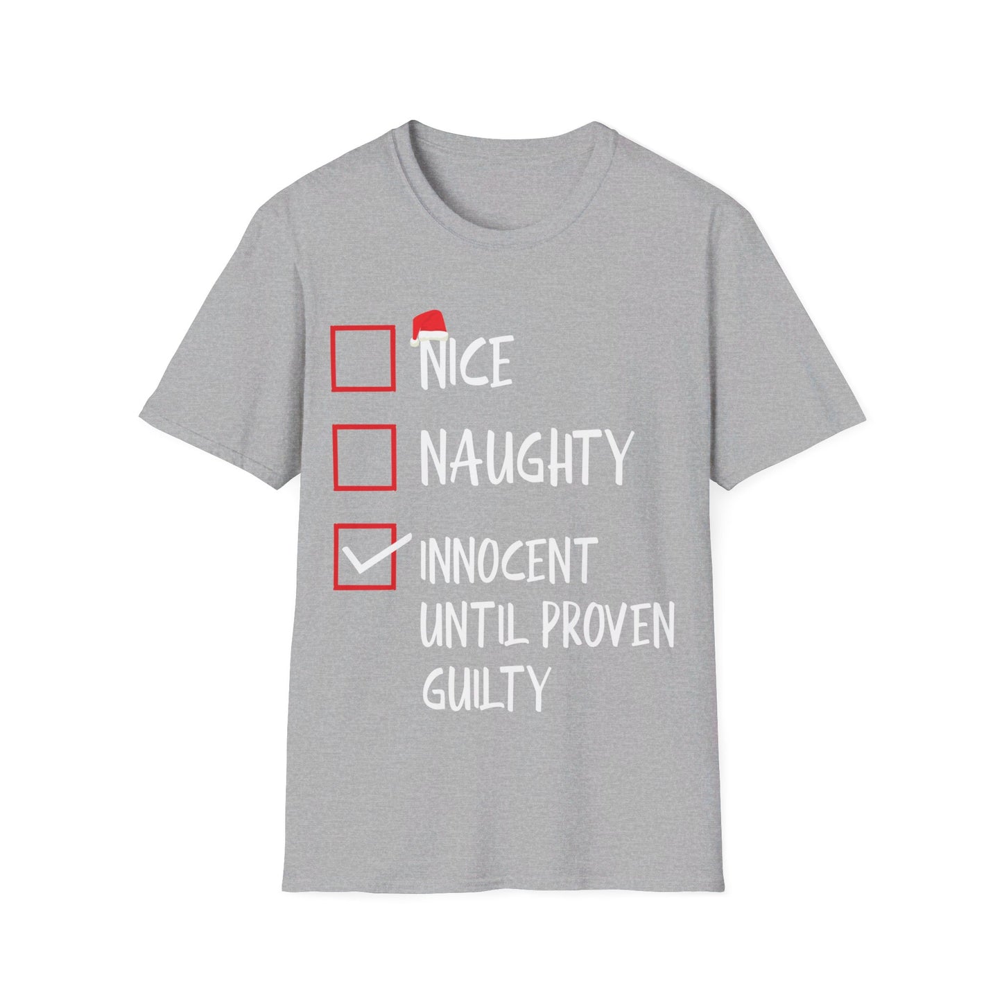 Nice Naughty Innocent Until Proven Guilty Christmas List Funny T-Shirt