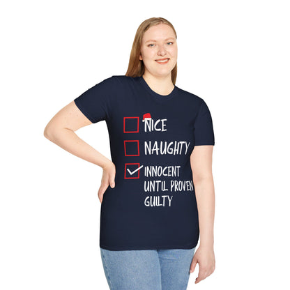 Nice Naughty Innocent Until Proven Guilty Christmas List Funny T-Shirt