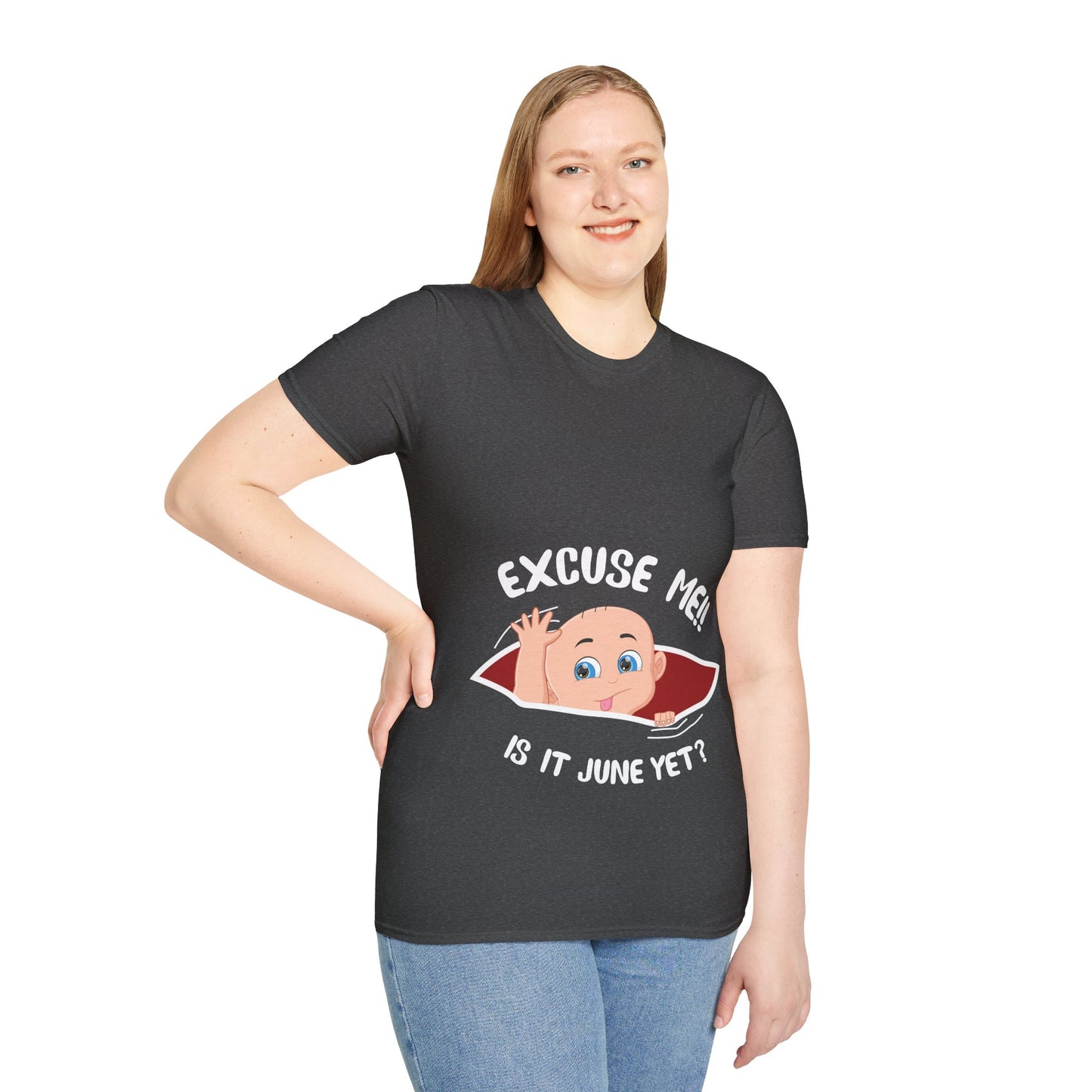 Personalized Month Womens Excuse Me Is It June Yet Cute Baby Girl Funny Pregnancy T-Shirt