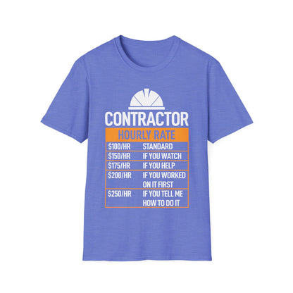 Funny Contractor Hourly Rate Price Chart Contractor Sarcastic Gift T-Shirt