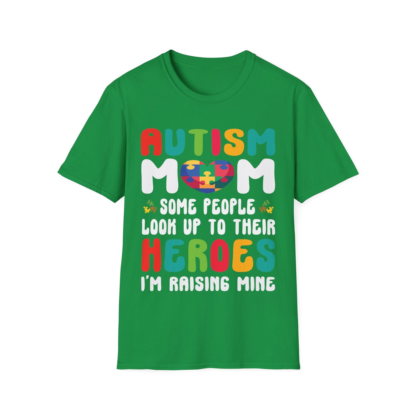 Funny Autism Mom Raising Hero Groovy Messy Bun Autism Awareness T-Shirt For Men Women T-Shirt