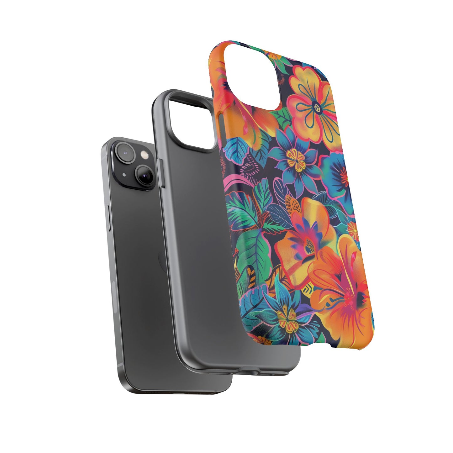 Floral Fiesta Vibrant Pattern iPhone 13 14 15 16 Pro Max Plus Case Wireless Charging Compatible Tough Cases Protection, Magnetic Phone Case for iPhone Classic Series