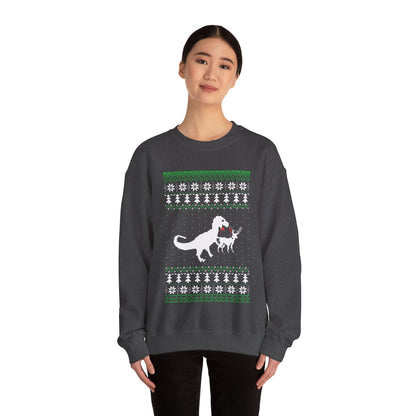 Funny Christmas Dinosaur Killing Reindeer Ugly Full Sleeve Jumper Sweatshirt Sweater