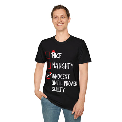 Nice Naughty Innocent Until Proven Guilty Christmas List Funny T-Shirt