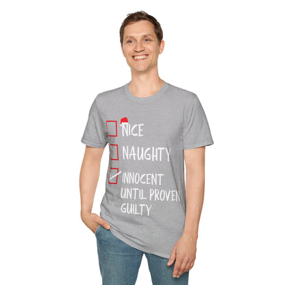 Nice Naughty Innocent Until Proven Guilty Christmas List Funny T-Shirt