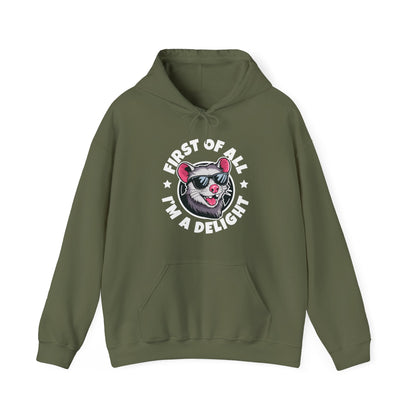 Funny First Of All I'm A Delight Sarcastic Angry Opossum Possum Hoodie For Men Women Hoodie