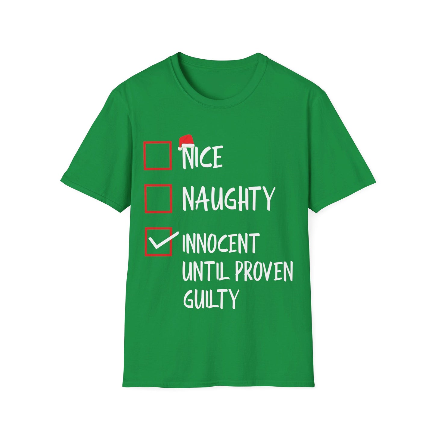 Nice Naughty Innocent Until Proven Guilty Christmas List Funny T-Shirt