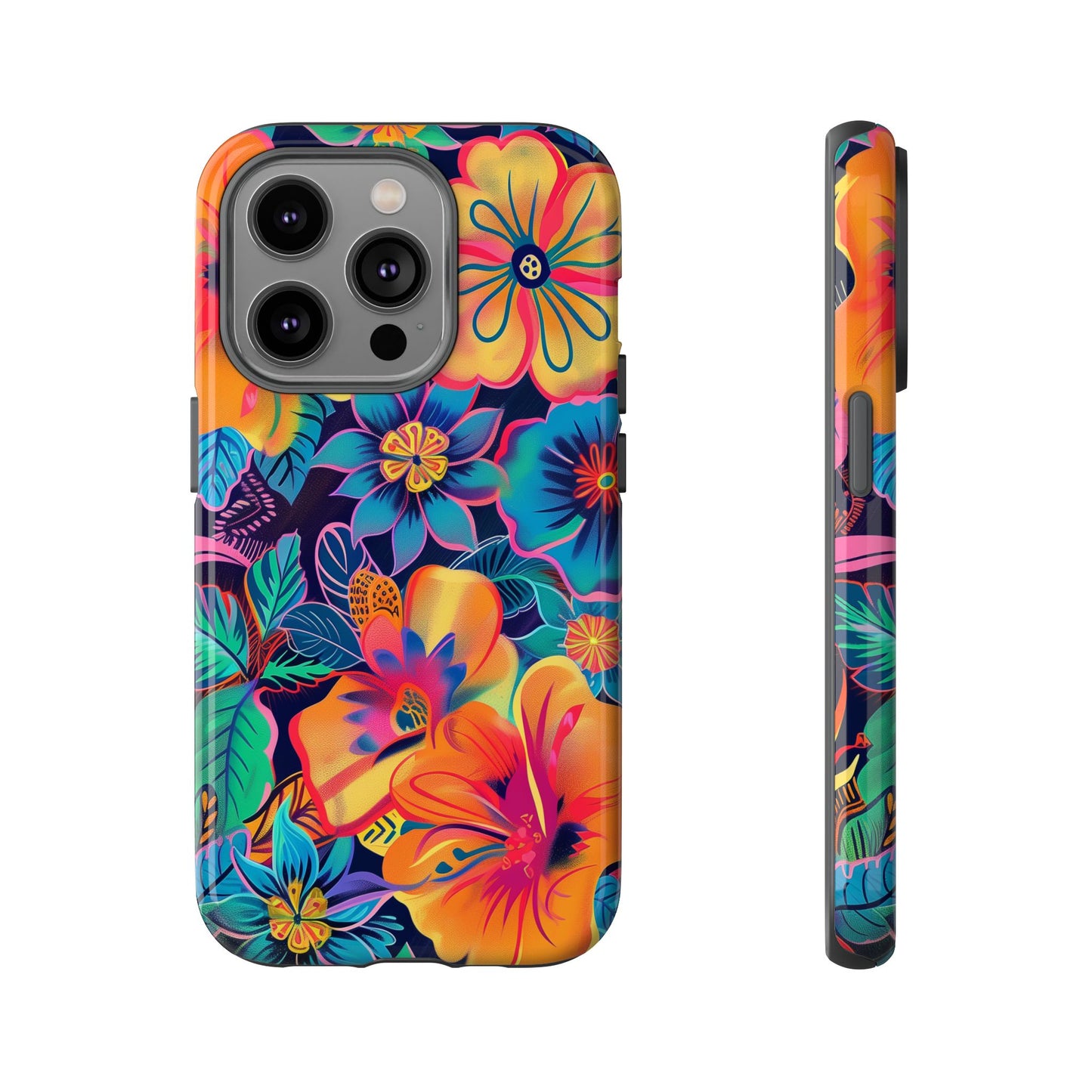 Floral Fiesta Vibrant Pattern iPhone 13 14 15 16 Pro Max Plus Case Wireless Charging Compatible Tough Cases Protection, Magnetic Phone Case for iPhone Classic Series