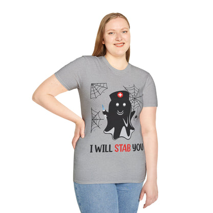 Funny Nurse Ghost I Will Stab You Shot Halloween Boo Women T-Shirt