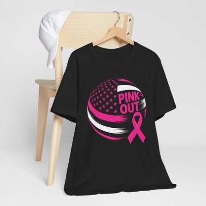 Volley Ball Pink Ribbon Breast Cancer Awearness USA Flag T-Shirt For Men Women