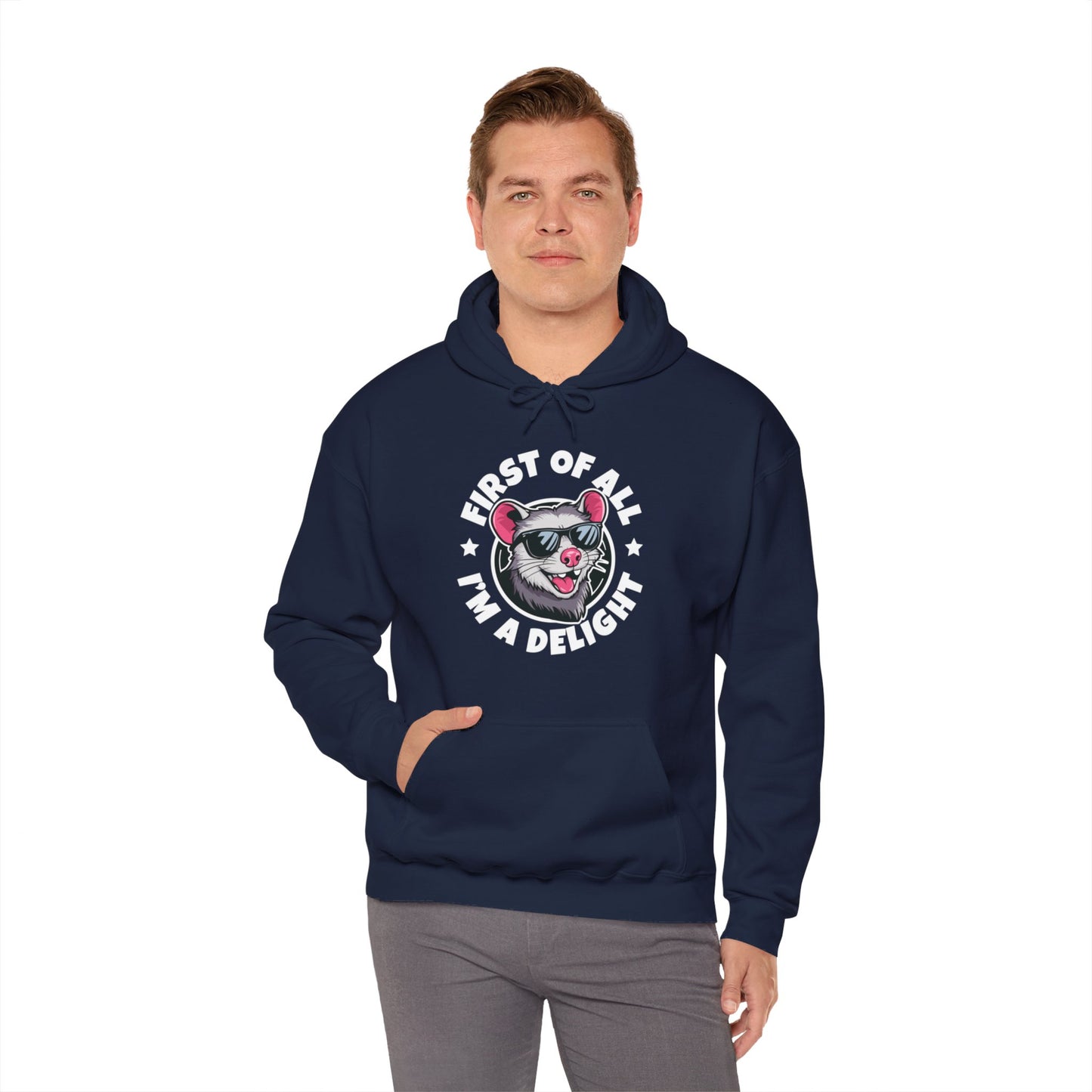 Funny First Of All I'm A Delight Sarcastic Angry Opossum Possum Hoodie For Men Women Hoodie