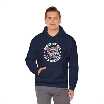 Funny First Of All I'm A Delight Sarcastic Angry Opossum Possum Hoodie For Men Women Hoodie