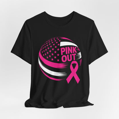Volley Ball Pink Ribbon Breast Cancer Awearness USA Flag T-Shirt For Men Women