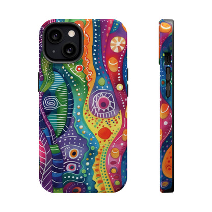 Abstract Rainbow Doodle Pattern iPhone 13 14 15 Pro Max Plus Case Compatible with MagSafe Tough Cases Protection, Magnetic Phone Case for iPhone  Classic Series