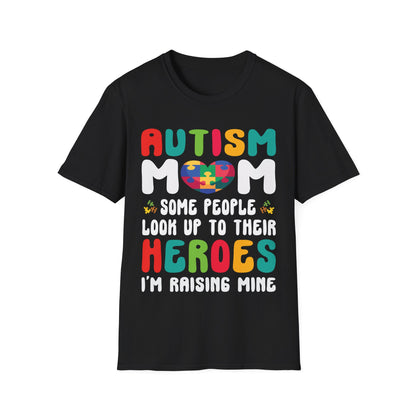 Funny Autism Mom Raising Hero Groovy Messy Bun Autism Awareness T-Shirt For Men Women T-Shirt