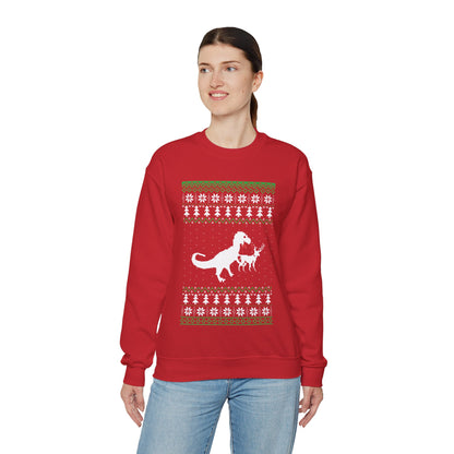 Funny Christmas Dinosaur Killing Reindeer Ugly Full Sleeve Jumper Sweatshirt Sweater