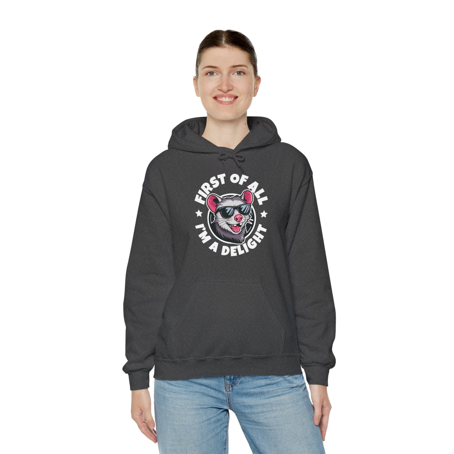 Funny First Of All I'm A Delight Sarcastic Angry Opossum Possum Hoodie For Men Women Hoodie