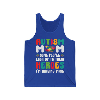 Funny Autism Mom Raising Hero Groovy Messy Bun Autism Awareness Tank Top For Men Women Tank Top