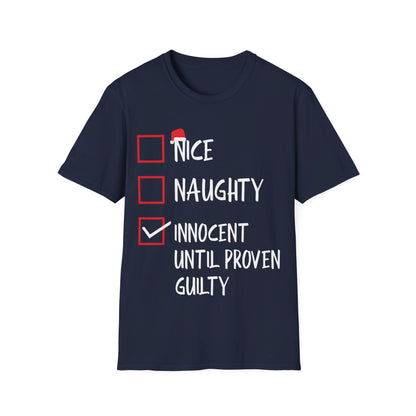 Nice Naughty Innocent Until Proven Guilty Christmas List Funny T-Shirt