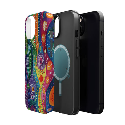 Abstract Rainbow Doodle Pattern iPhone 13 14 15 Pro Max Plus Case Compatible with MagSafe Tough Cases Protection, Magnetic Phone Case for iPhone  Classic Series