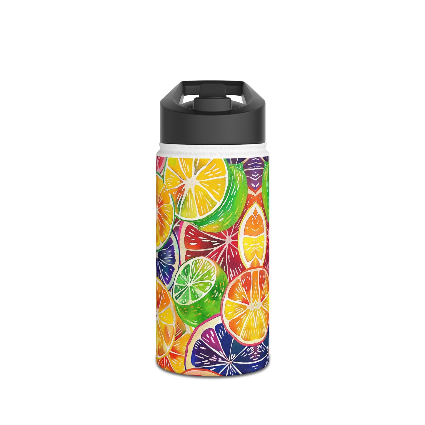 Citrus Burst Vibrant Pattern Stainless Steel Water Bottle with Twist-on Lid and Double-Wall Vacuum Insulation