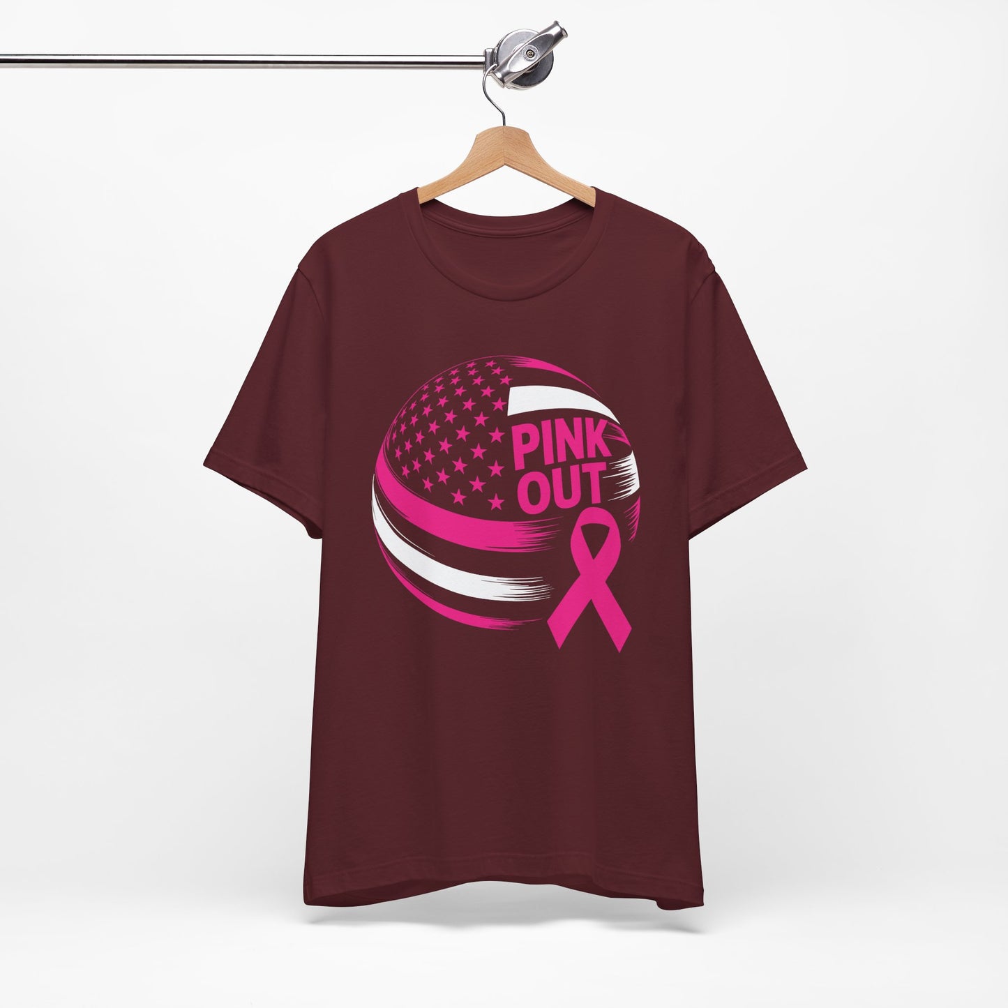 Volley Ball Pink Ribbon Breast Cancer Awearness USA Flag T-Shirt For Men Women