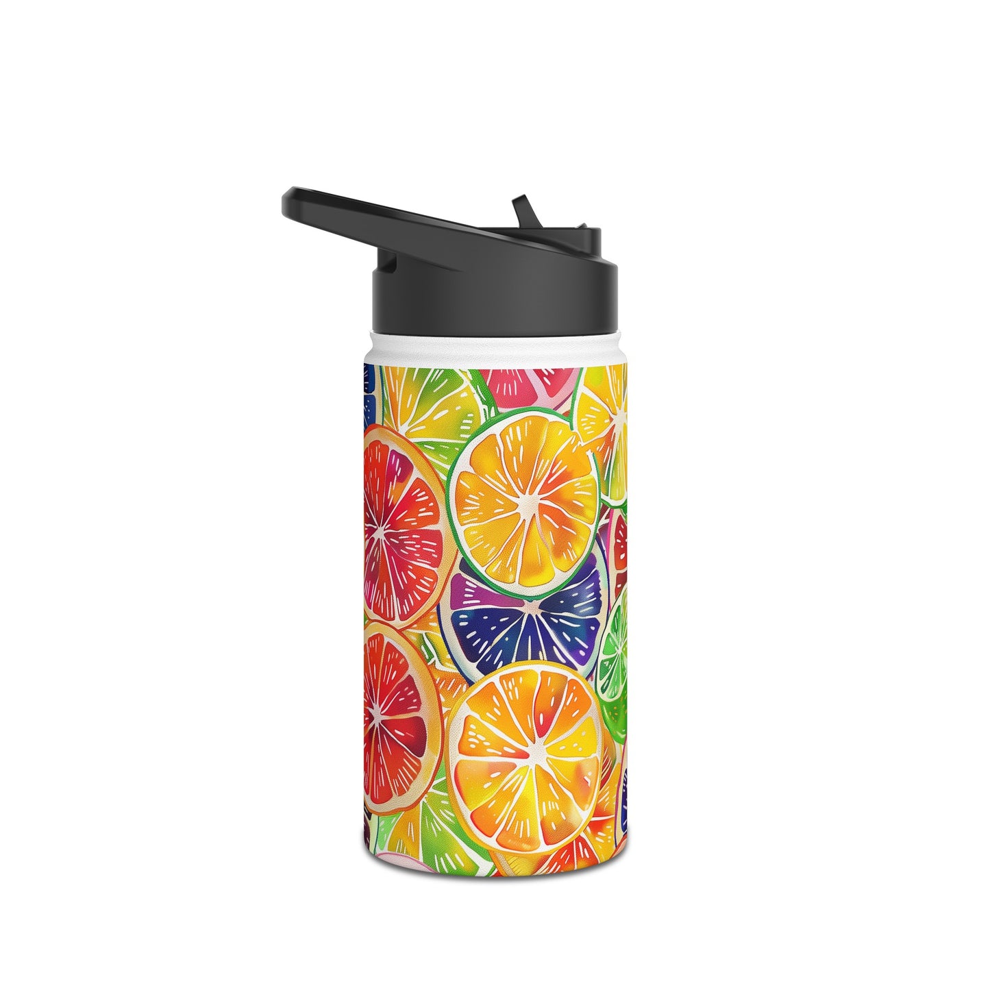 Citrus Burst Vibrant Pattern Stainless Steel Water Bottle with Twist-on Lid and Double-Wall Vacuum Insulation