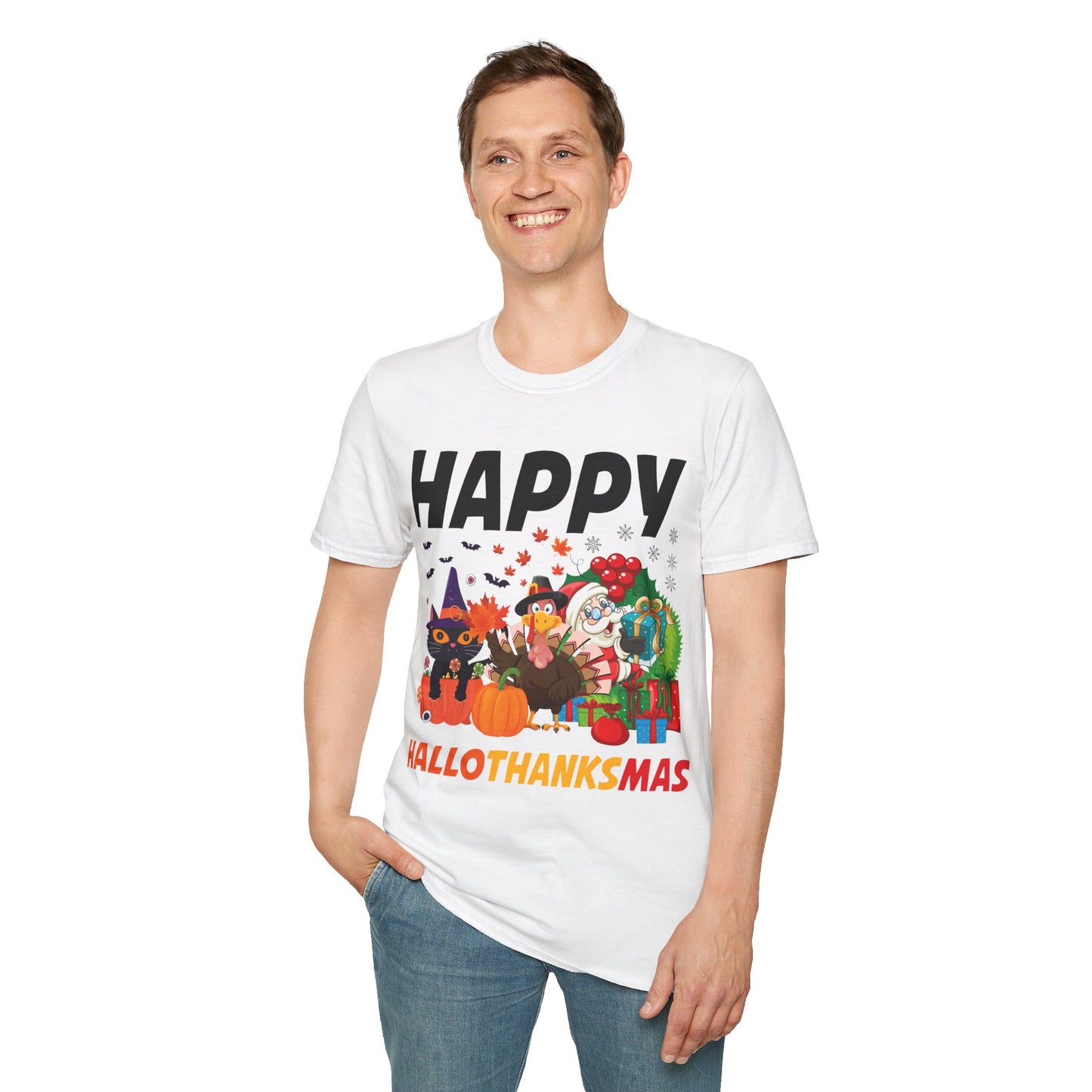 Funny Happy Hallothanksmas Halloween Thanksgiving Christmas Mash Up T-Shirt Men Women Kids