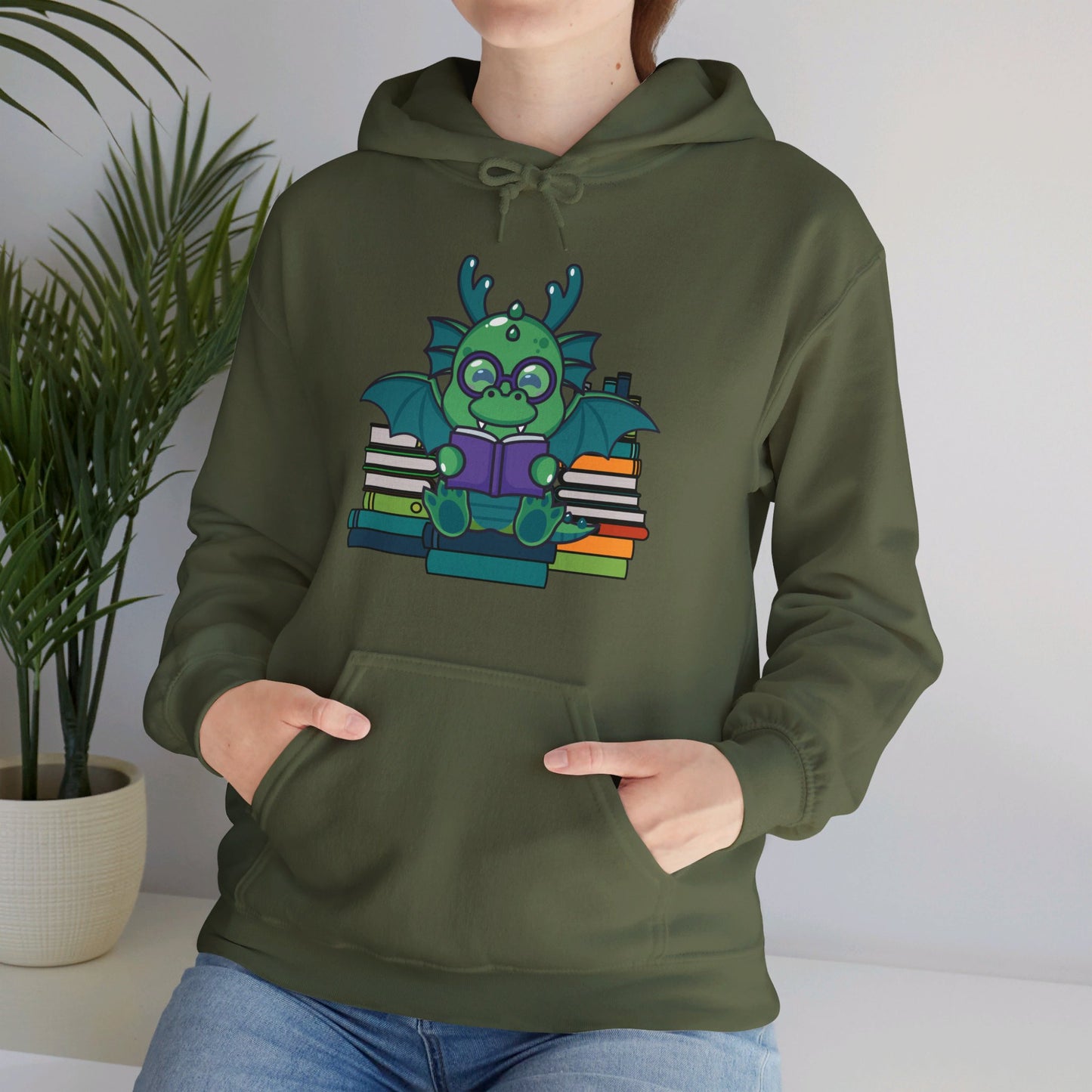 Funny Dragon and Books Nerds Cute Dragon Reading A Book Hoodie For Men Women Hoodie