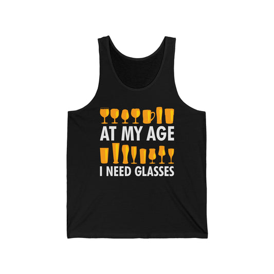 Funny Beer Wine Drinking Shirt At My Age I Need Glasses Tank Top Men Women