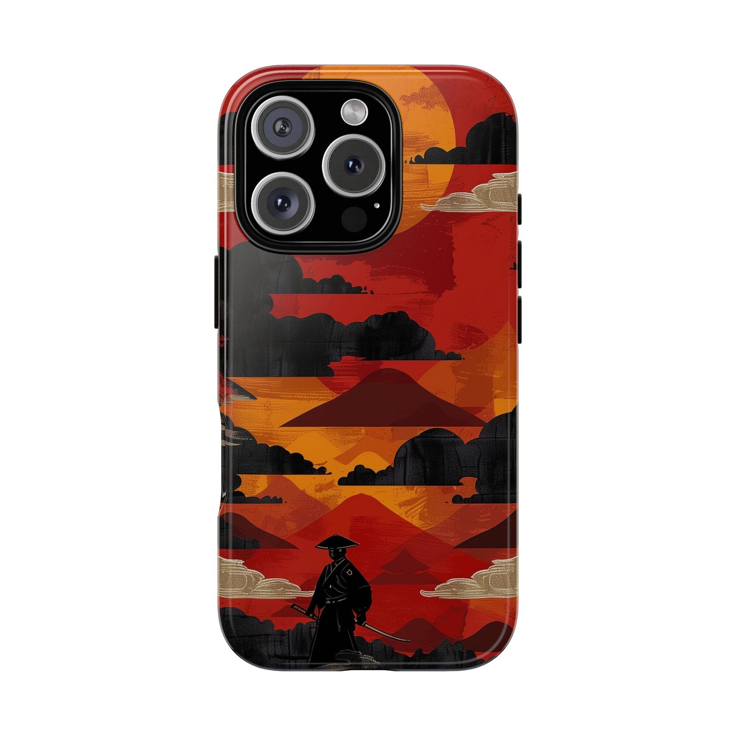 Samurai Sunset Vibrant Pattern iPhone 13 14 15 16 Pro Max Plus Case Wireless Charging Compatible Tough Cases Protection, Magnetic Phone Case for iPhone Classic Series