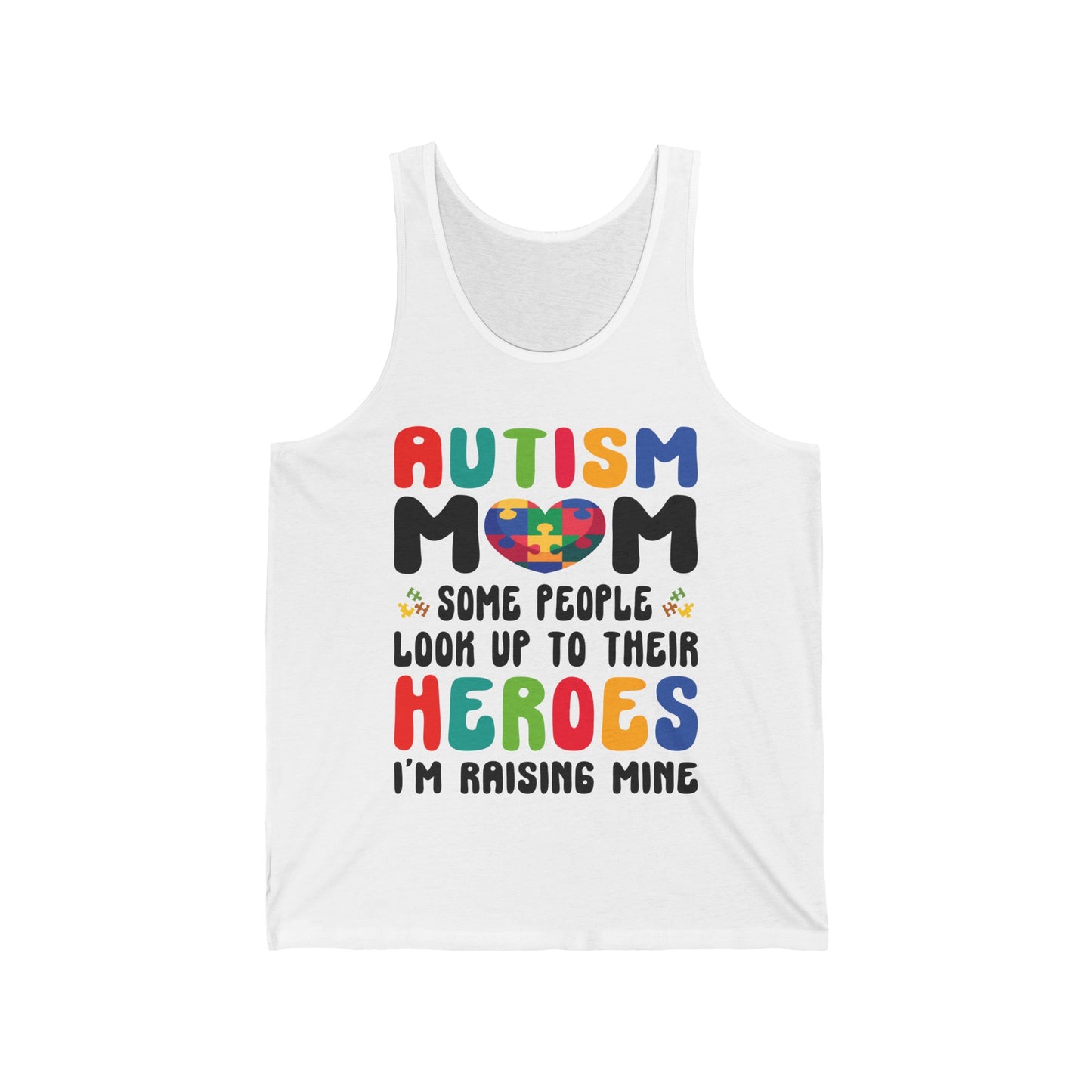 Funny Autism Mom Raising Hero Groovy Messy Bun Autism Awareness Tank Top For Men Women Tank Top