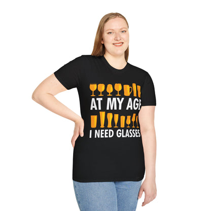 Funny Beer Wine Drinking Shirt At My Age I Need Glasses T-Shirt Men Women