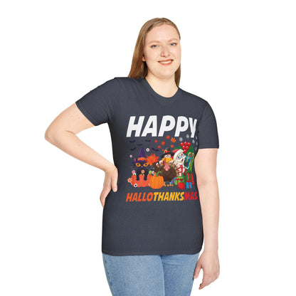 Funny Happy Hallothanksmas Halloween Thanksgiving Christmas Mash Up T-Shirt Men Women Kids