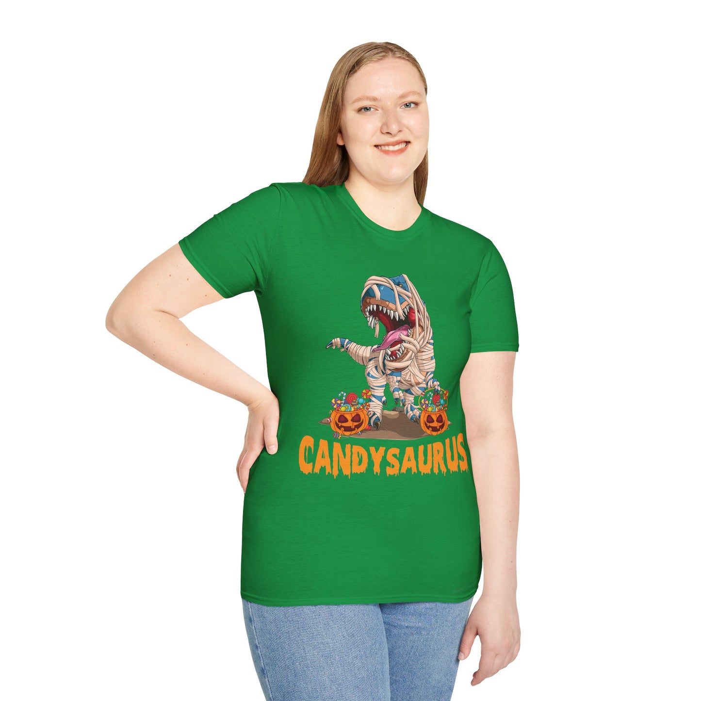 Funny Candysaurus Dinosaur Pumpkin Candy Halloween Zombie T-rex T-Shirt Men Women Kids