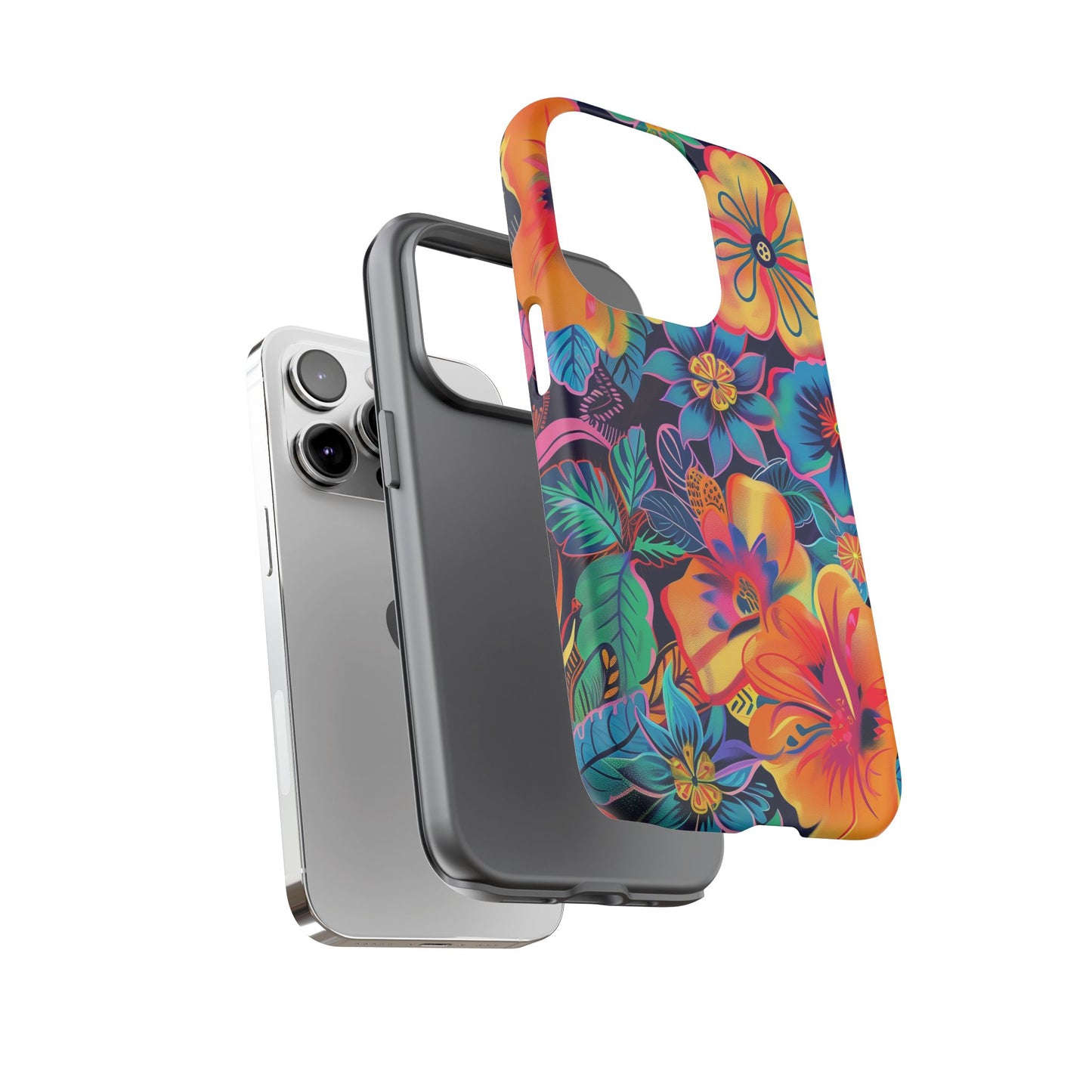 Floral Fiesta Vibrant Pattern iPhone 13 14 15 16 Pro Max Plus Case Wireless Charging Compatible Tough Cases Protection, Magnetic Phone Case for iPhone Classic Series