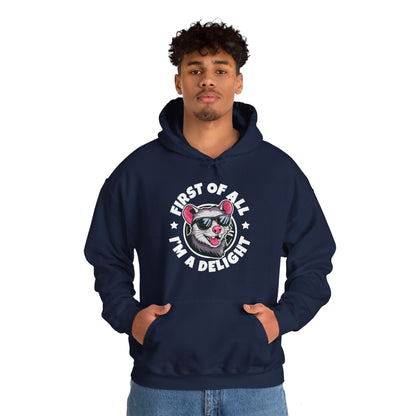 Funny First Of All I'm A Delight Sarcastic Angry Opossum Possum Hoodie For Men Women Hoodie